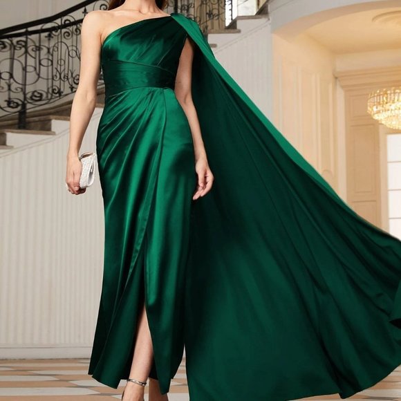 Dark Green Womens One Shoulder Cloak Sleeve Wrap Hem Solid Bridesmaid … - Picture 3 of 5